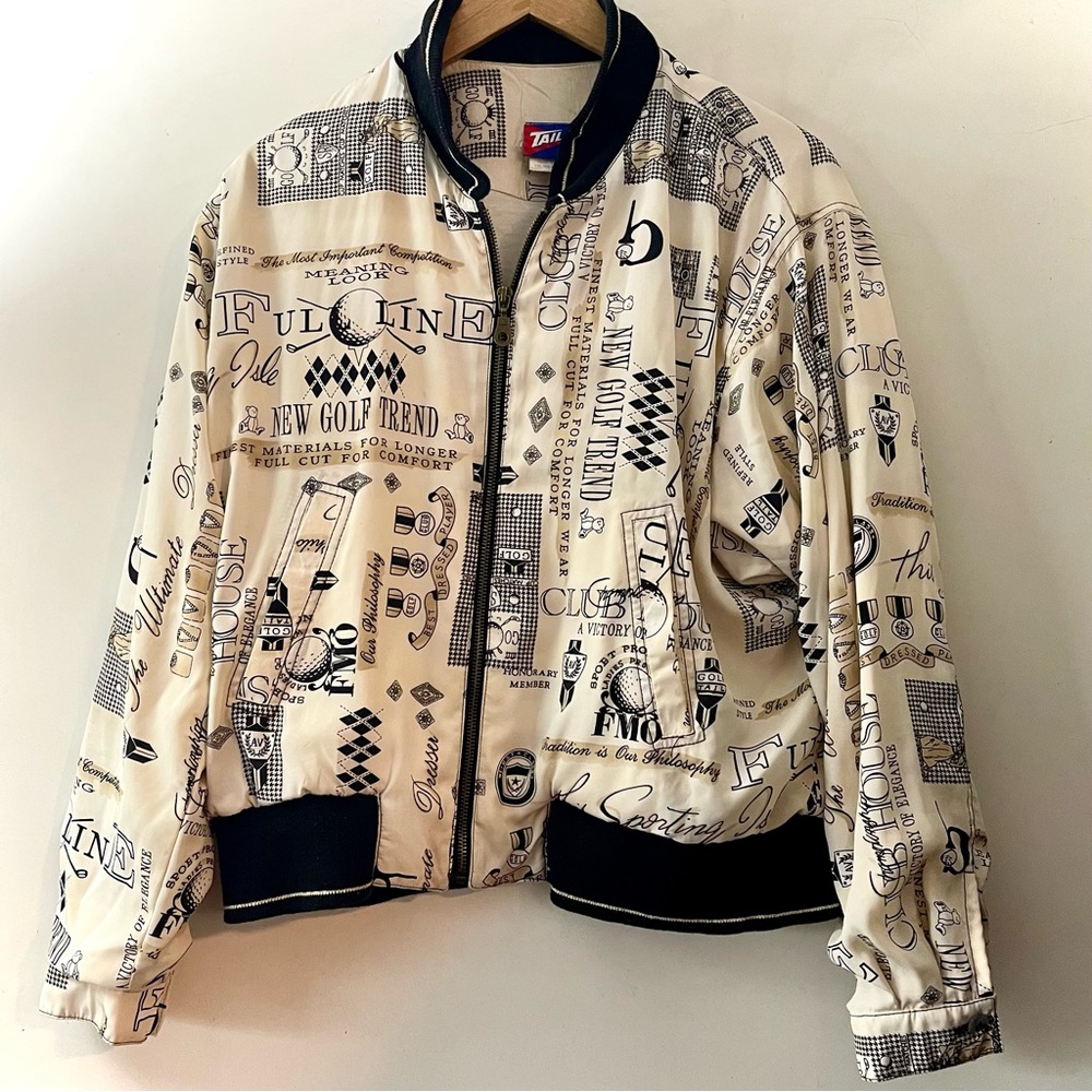 Vintage Cream and Black 90s Golf Graphic Print Bomber Streetwear Jacket Sz M